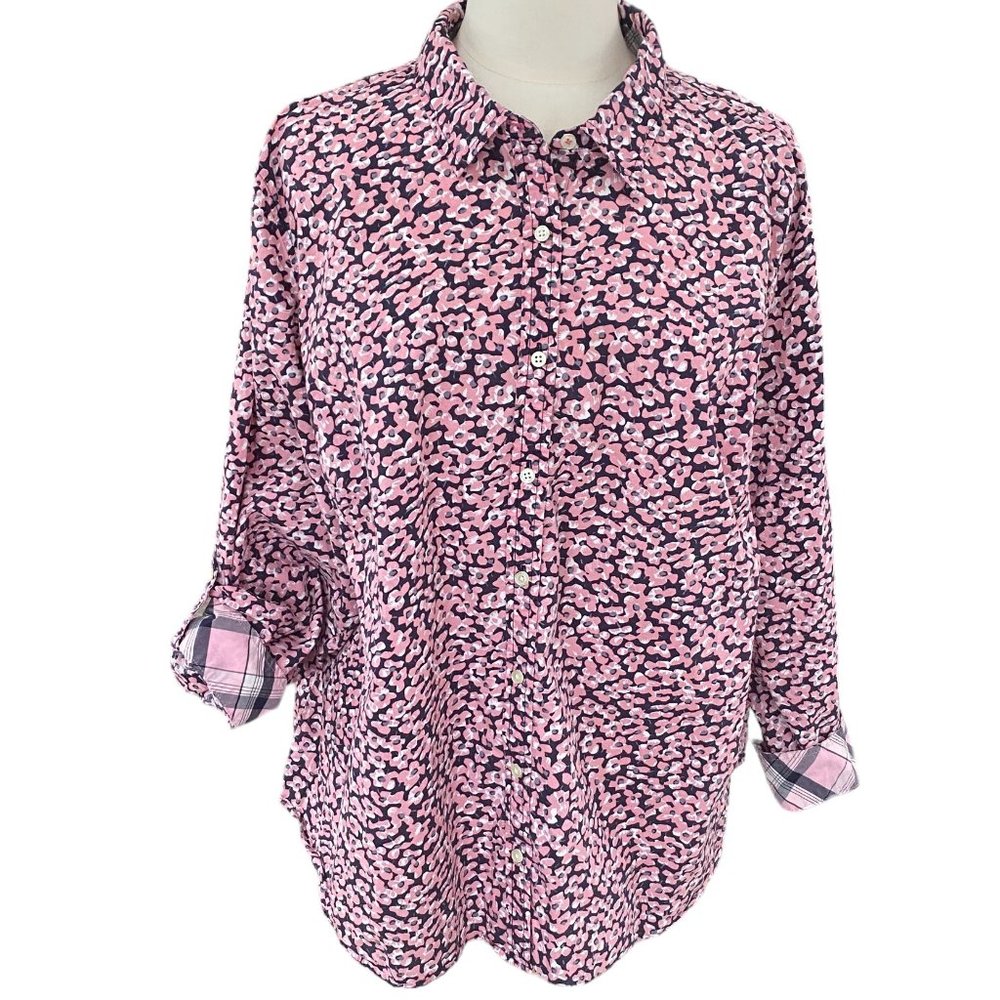 Talbots Floral Contrast Plaid Cuff Roll Tab Sleeve Button Up Shirt-22WP